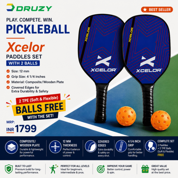 Druzy XCELOR Pickleball Paddle Set (2 Paddles + 2 TPE Balls)